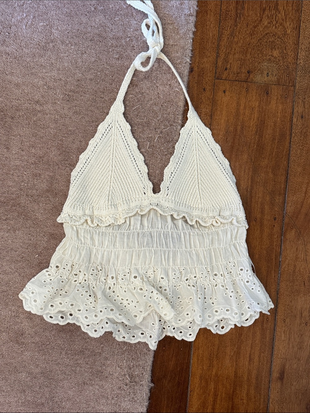 Zara Cream Eyelet Crochet Halter Top